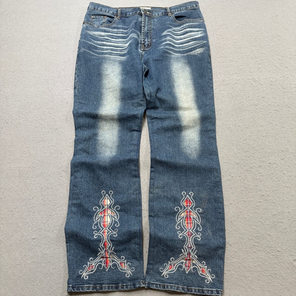 Y2K Bootcut Jeans Women's 37 Blue Denim Embroidered Tribal Whiskered Embelished